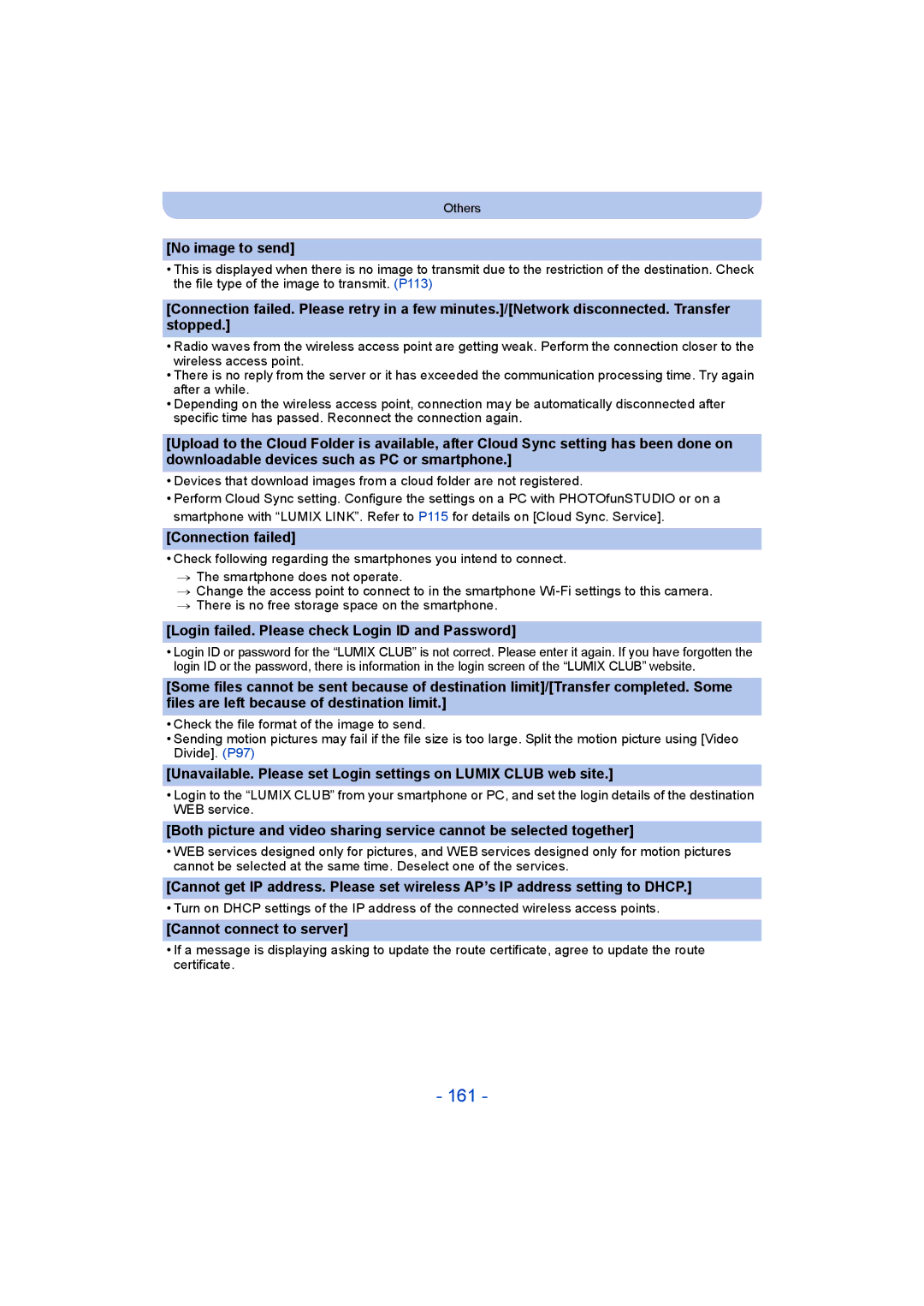 Panasonic DMC-SZ5 manual 161, No image to send, Connection failed, Login failed. Please check Login ID and Password 