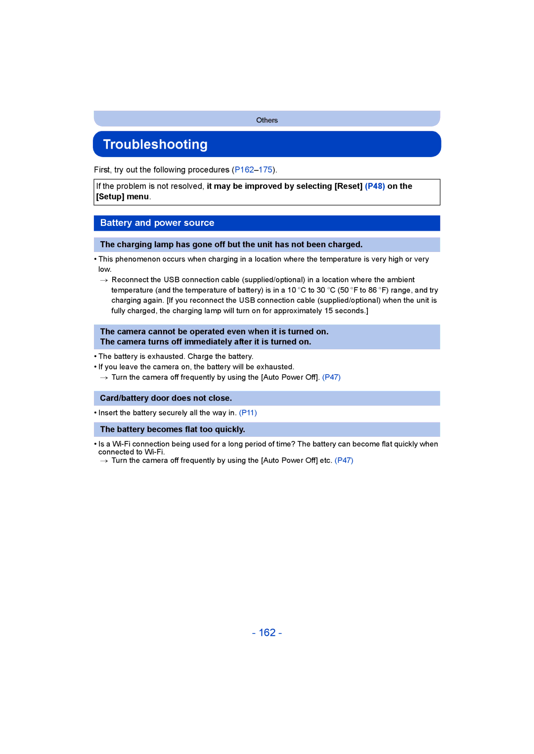 Panasonic DMC-SZ5 manual Troubleshooting, 162, Battery and power source, Card/battery door does not close 