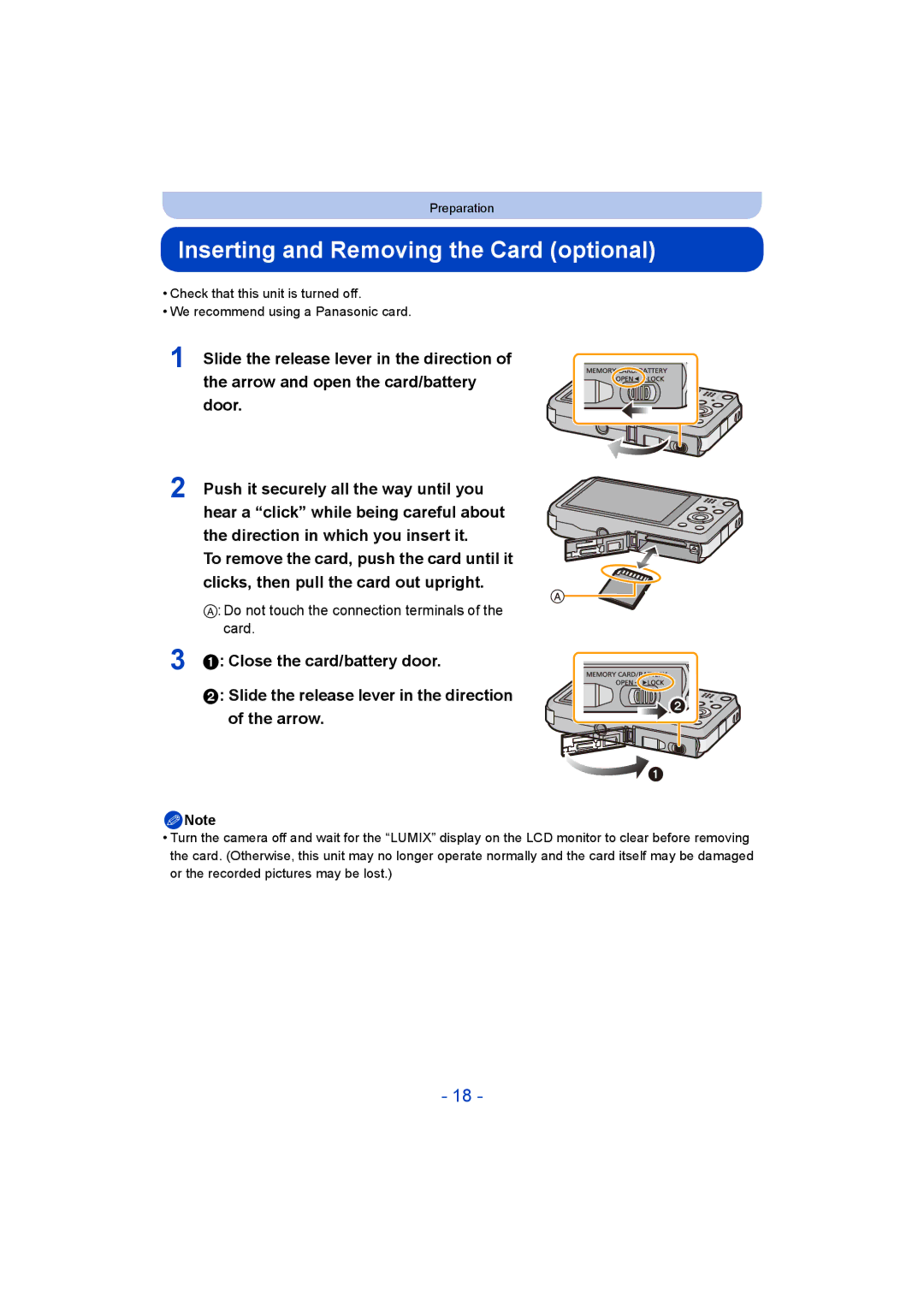 Panasonic DMC-SZ5 manual Inserting and Removing the Card optional, Do not touch the connection terminals of the card 