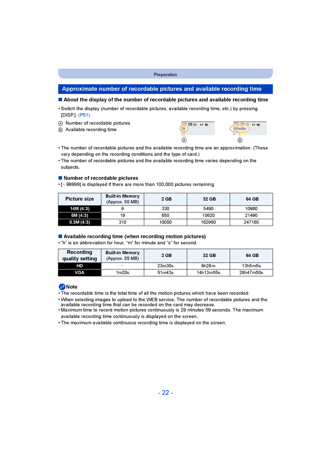 Panasonic DMC-SZ5 Number of recordable pictures, Picture size, Available recording time when recording motion pictures 