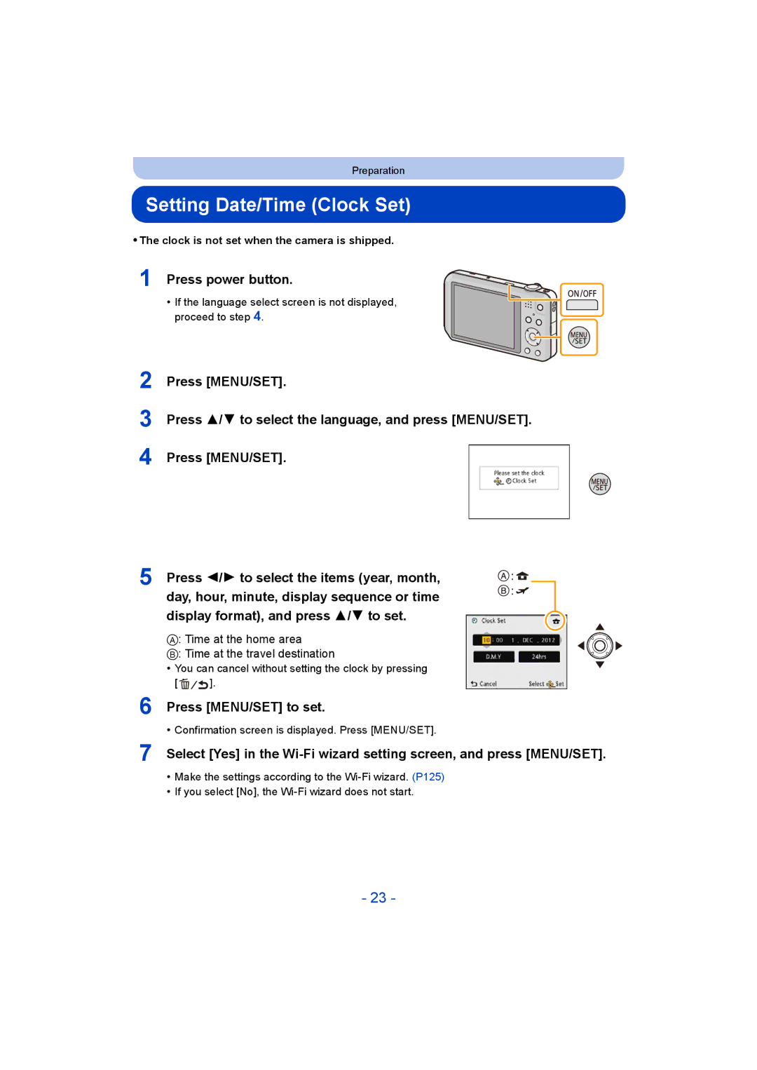 Panasonic DMC-SZ5 manual Setting Date/Time Clock Set, Press power button, Press MENU/SET to set 