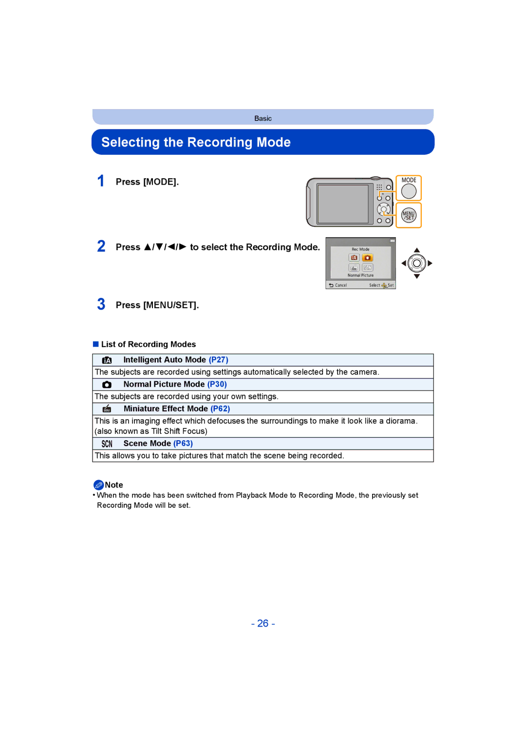 Panasonic DMC-SZ5 Selecting the Recording Mode, List of Recording Modes Intelligent Auto Mode P27, Normal Picture Mode P30 