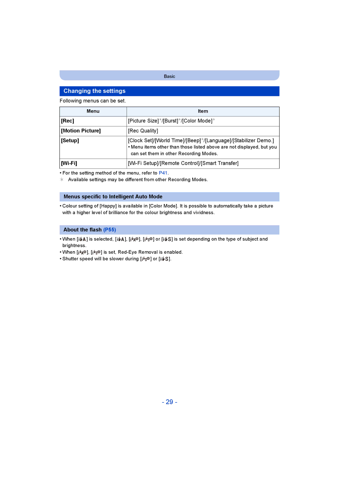 Panasonic DMC-SZ5 manual Changing the settings 