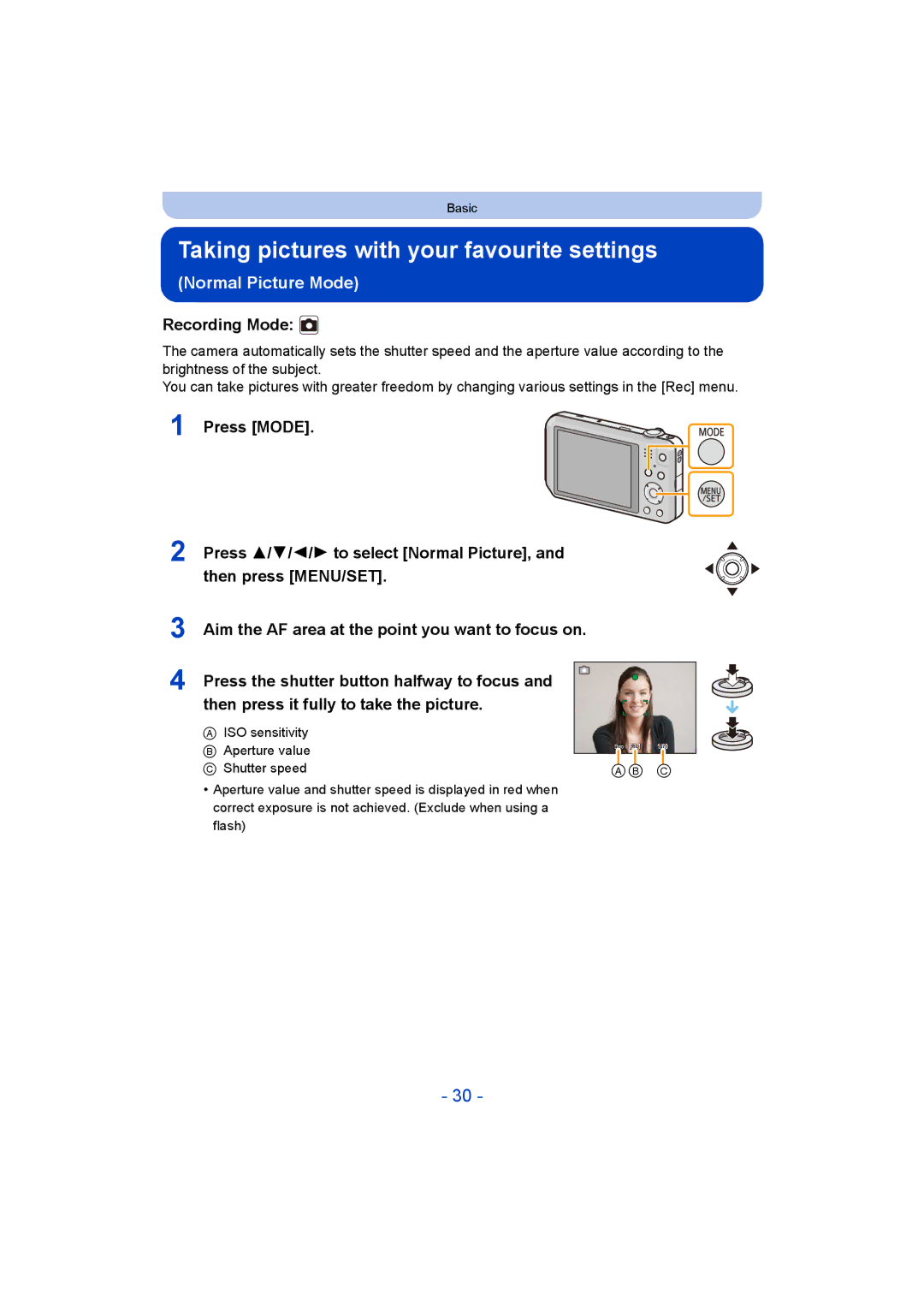 Panasonic DMC-SZ5 manual Taking pictures with your favourite settings, Normal Picture Mode 