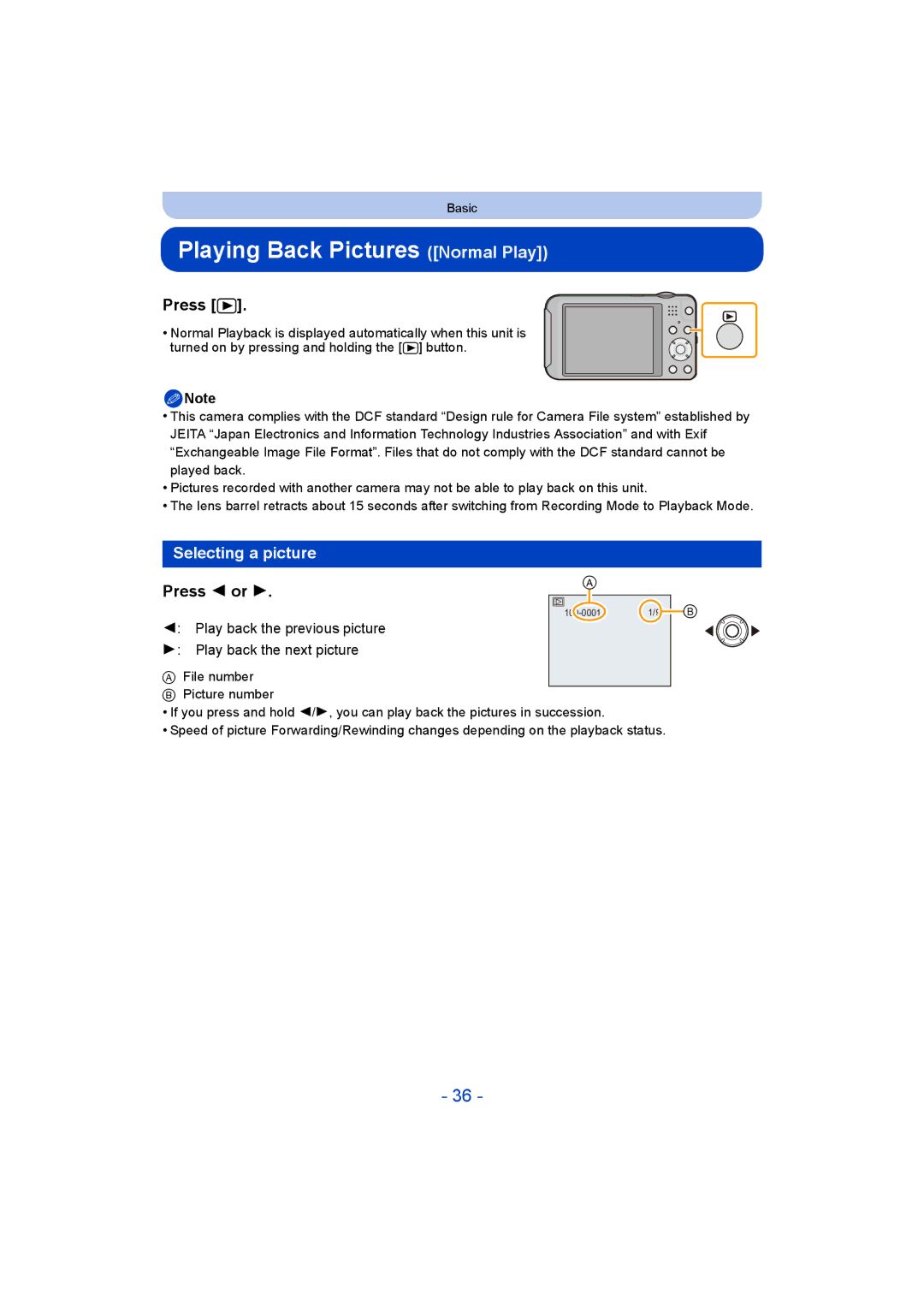 Panasonic DMC-SZ5 manual Playing Back Pictures Normal Play, Selecting a picture, Press 2 or 