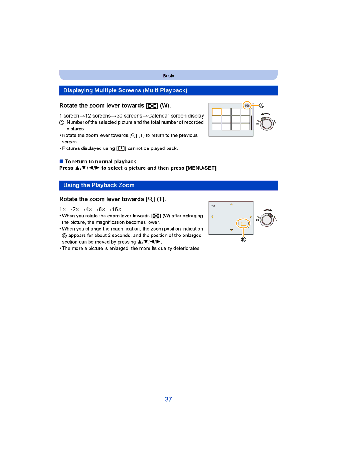 Panasonic DMC-SZ5 Displaying Multiple Screens Multi Playback, Rotate the zoom lever towards L W, Using the Playback Zoom 