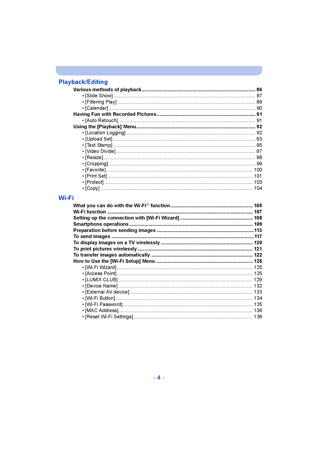 Panasonic DMC-SZ5 manual 100, 101, 103, 104, 107, 109, 125, 134, 135, 136 