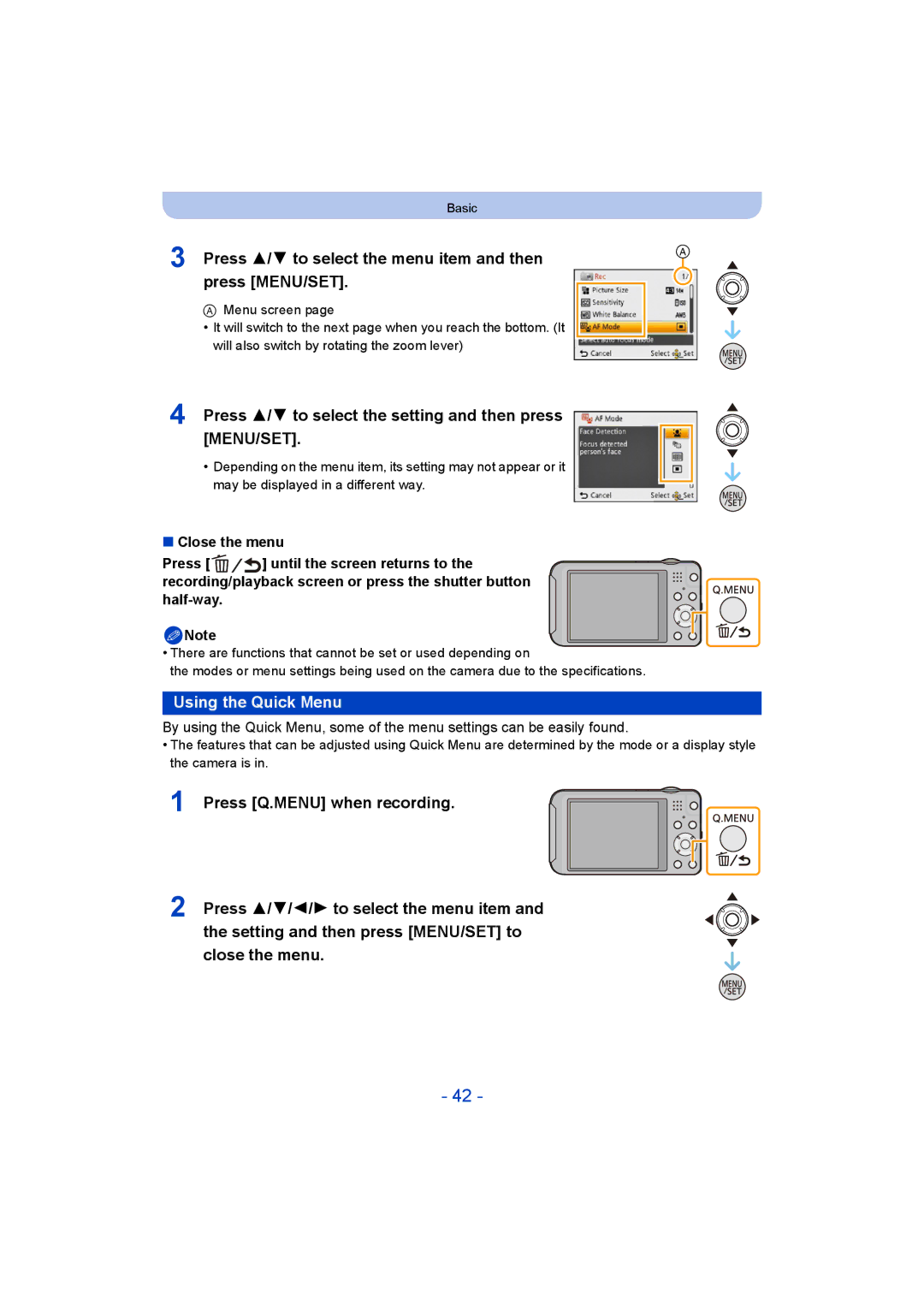 Panasonic DMC-SZ5 manual Press 3/ 4 to select the menu item and then Press MENU/SET, Using the Quick Menu 