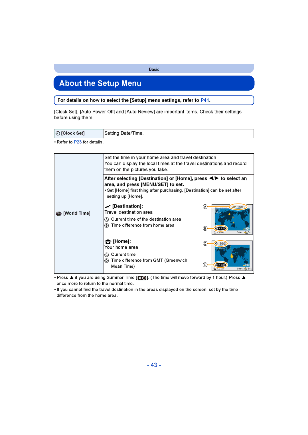 Panasonic DMC-SZ5 manual About the Setup Menu, Setting Date/Time, Destination Travel destination area, Home Your home area 