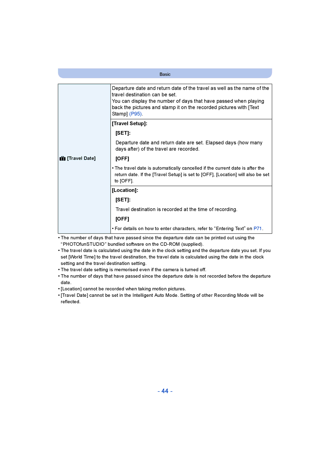 Panasonic DMC-SZ5 Travel Setup SET, Location SET, Travel destination is recorded at the time of recording, Travel Date 