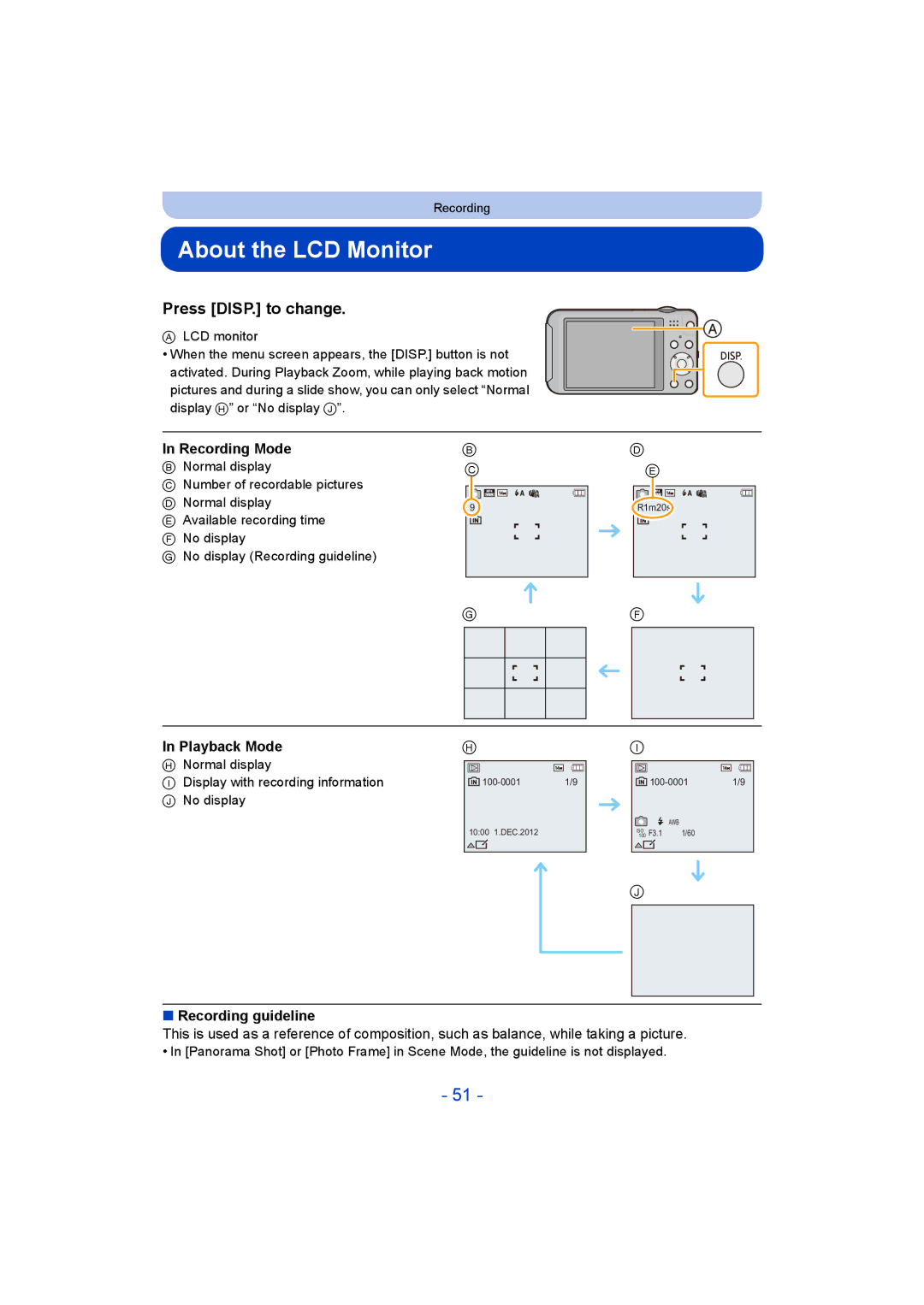 Panasonic DMC-SZ5 manual About the LCD Monitor, Press DISP. to change, Recording Mode, Playback Mode, Recording guideline 