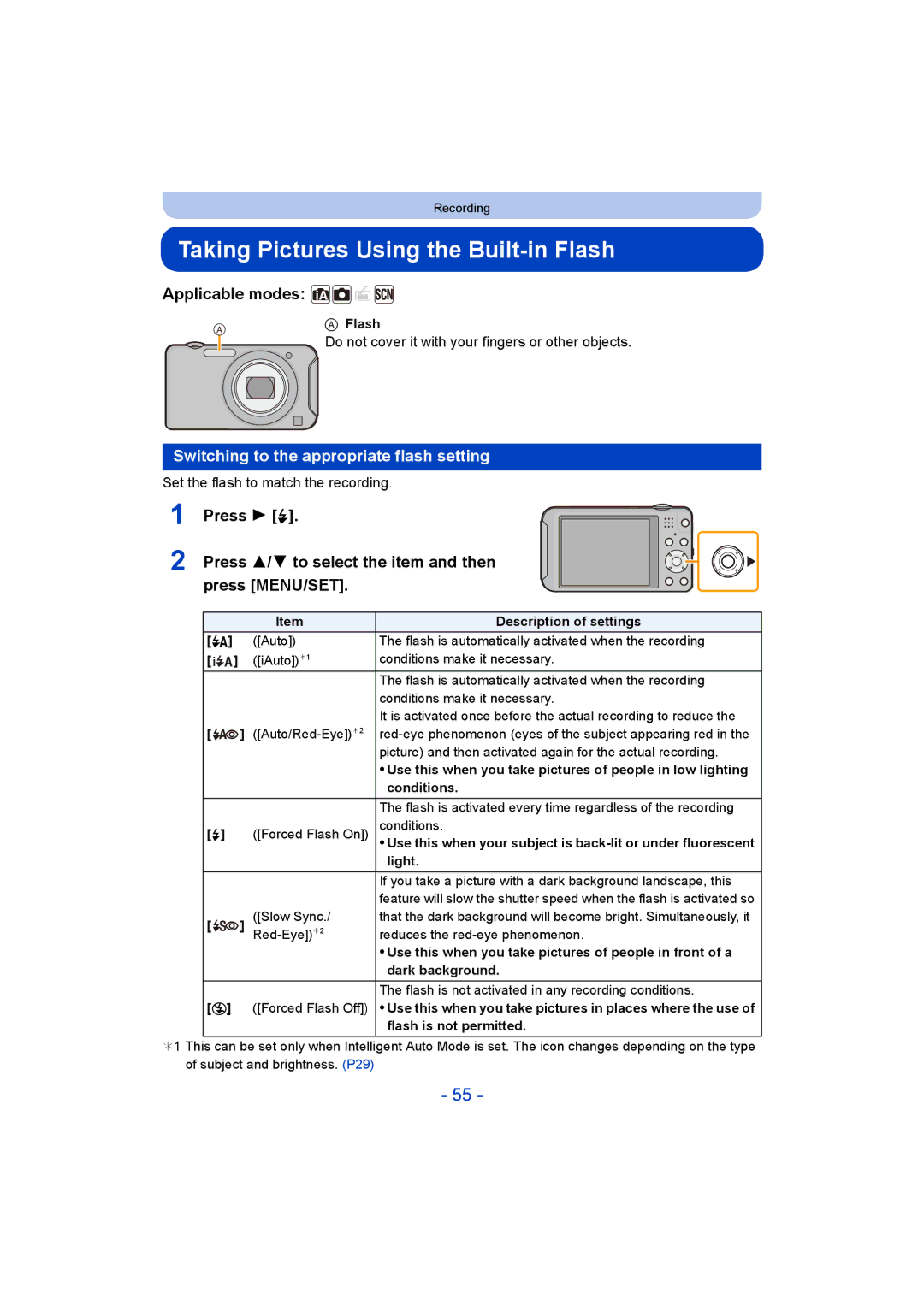 Panasonic DMC-SZ5 manual Taking Pictures Using the Built-in Flash, Switching to the appropriate flash setting 