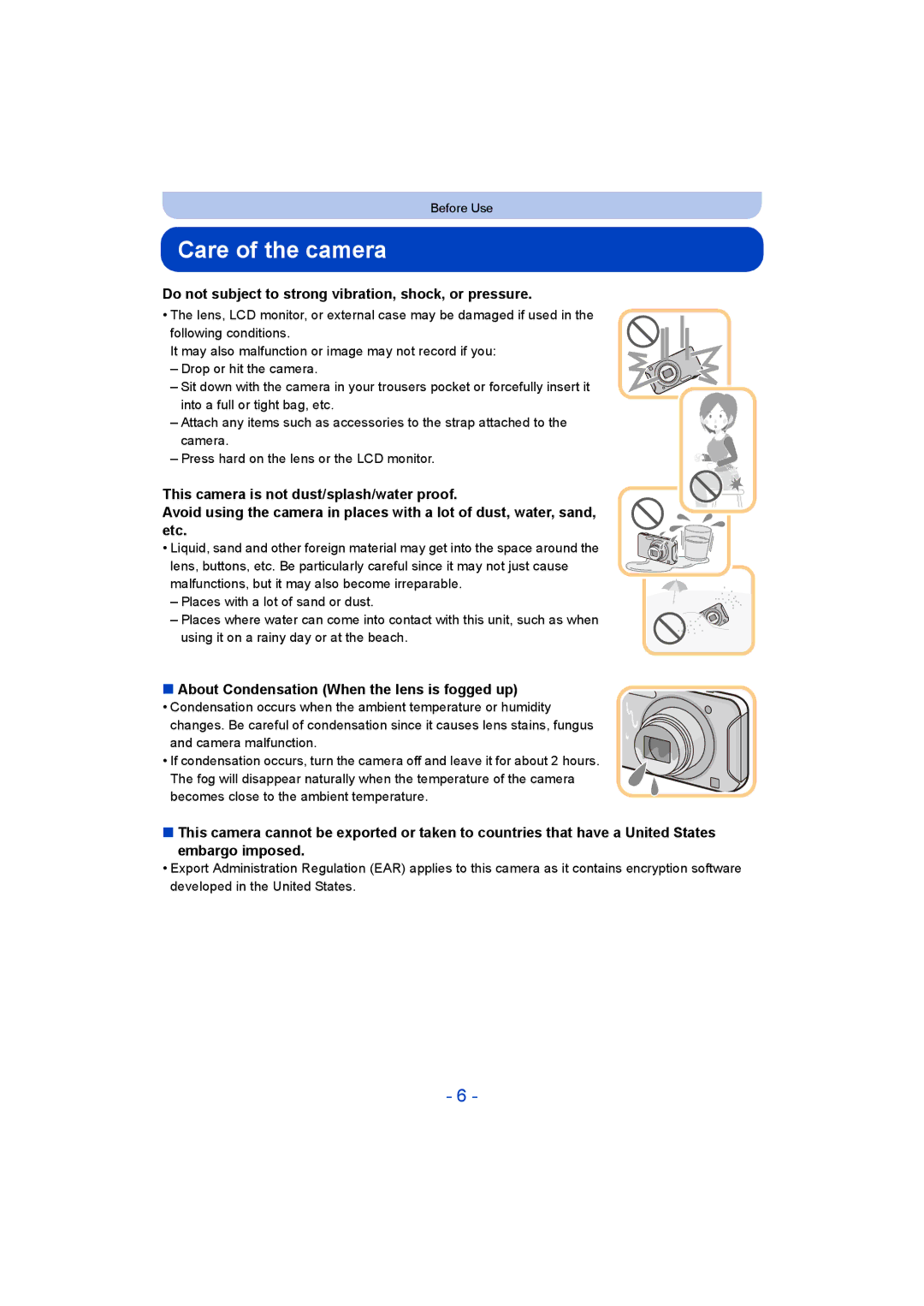 Panasonic DMC-SZ5 manual Care of the camera, Do not subject to strong vibration, shock, or pressure 