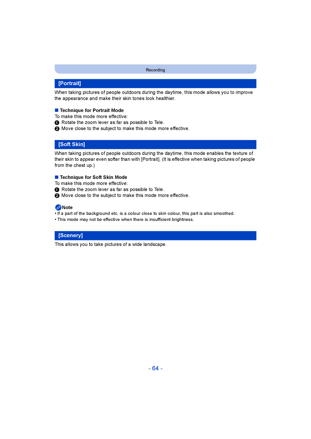 Panasonic DMC-SZ5 manual Portrait, Soft Skin, Scenery, This allows you to take pictures of a wide landscape 