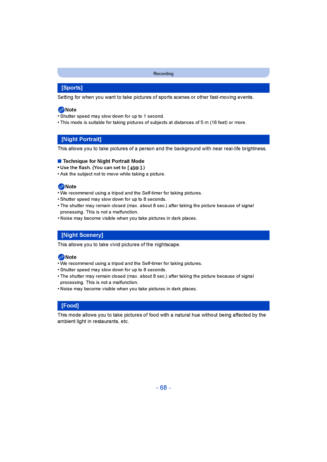 Panasonic DMC-SZ5 manual Sports, Night Scenery, Food, Technique for Night Portrait Mode 