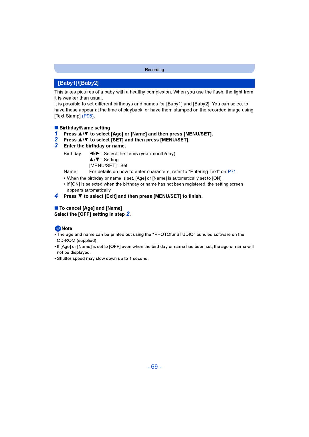 Panasonic DMC-SZ5 manual Baby1/Baby2, Birthday Name, Press 4 to select Exit and then press MENU/SET to finish 