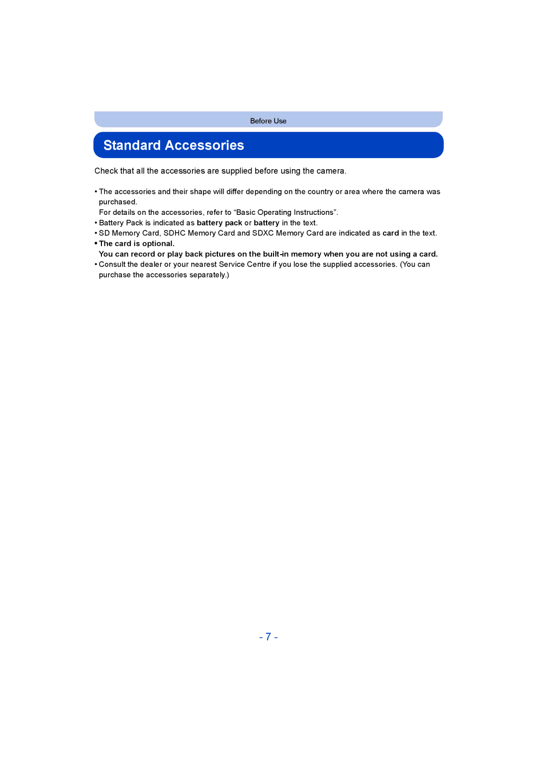 Panasonic DMC-SZ5 manual Standard Accessories 