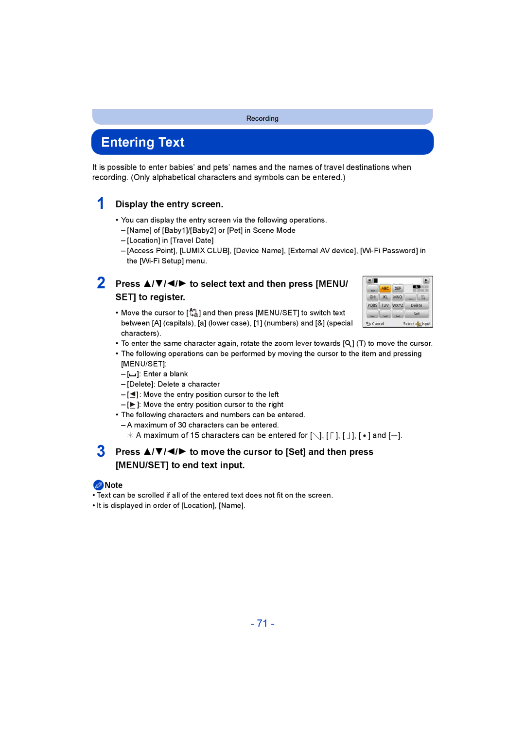 Panasonic DMC-SZ5 manual Entering Text, Display the entry screen, MENU/SET to end text input 