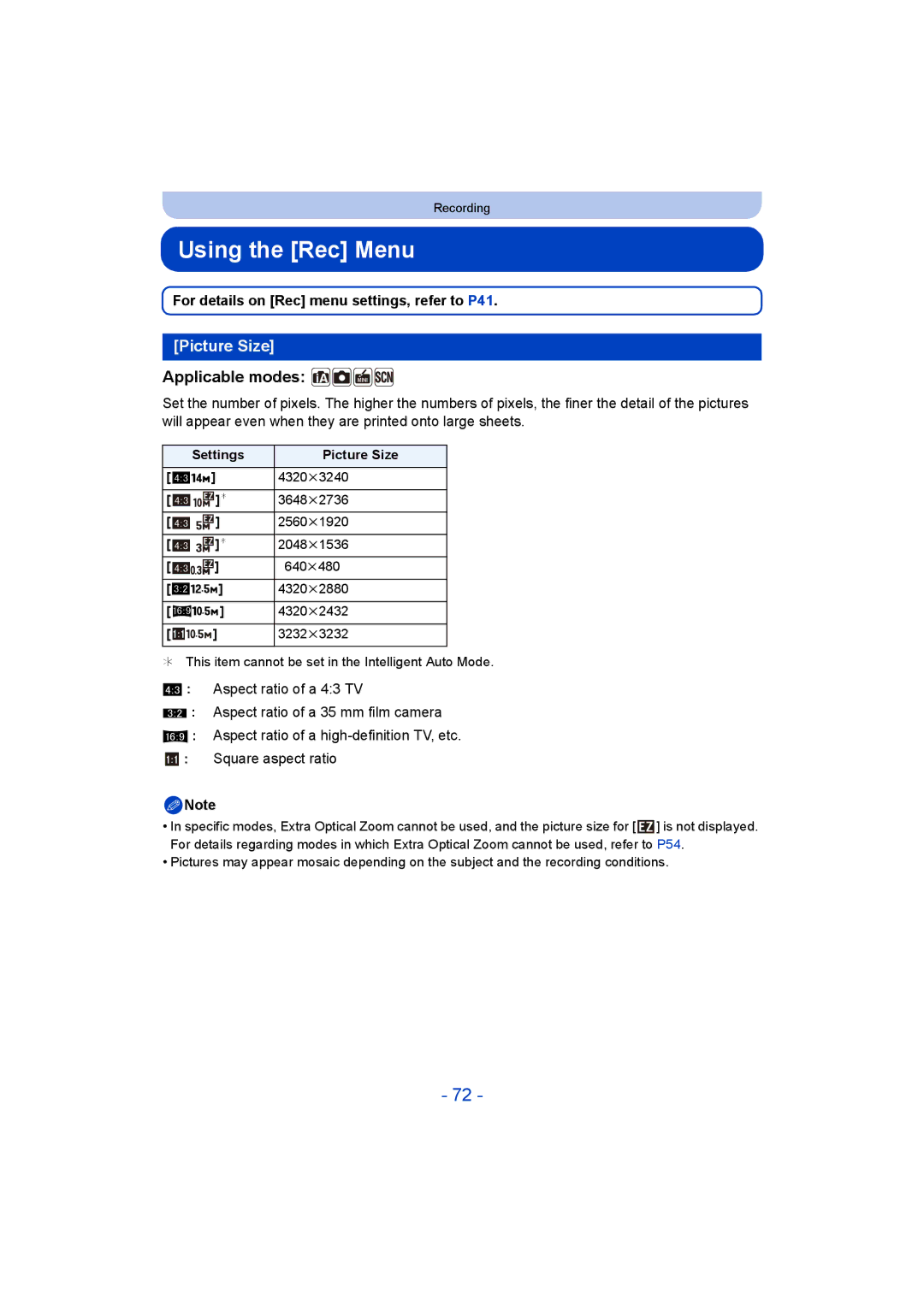 Panasonic DMC-SZ5 manual Using the Rec Menu, Picture Size, For details on Rec menu settings, refer to P41 