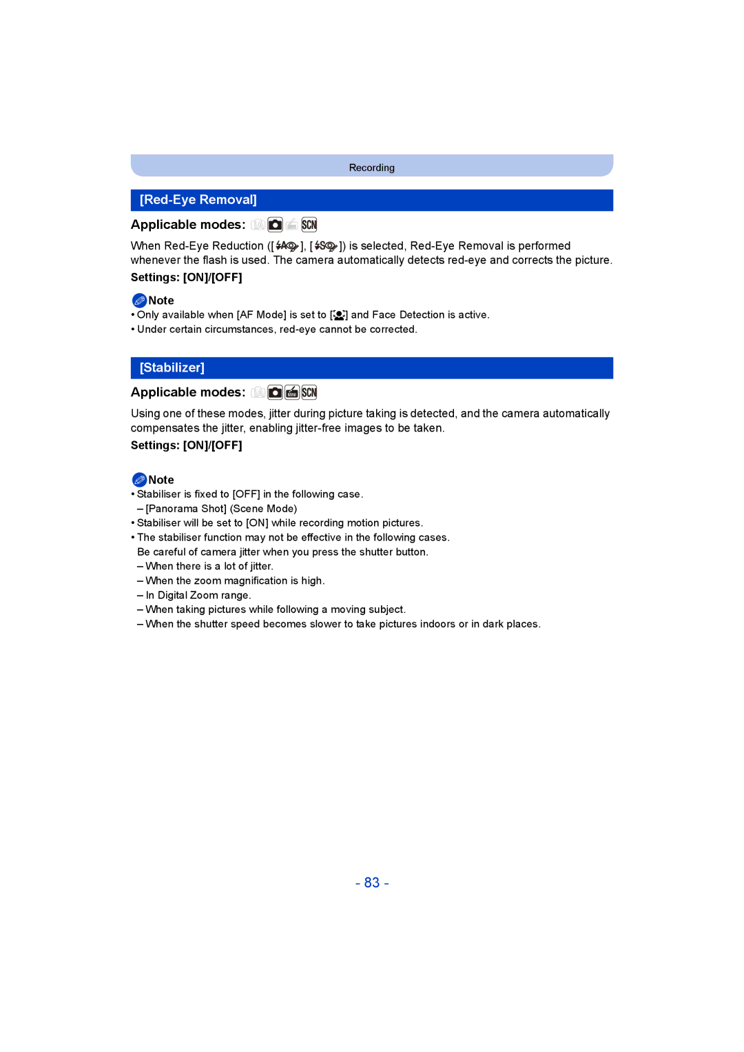 Panasonic DMC-SZ5 manual Red-Eye Removal, Stabilizer 