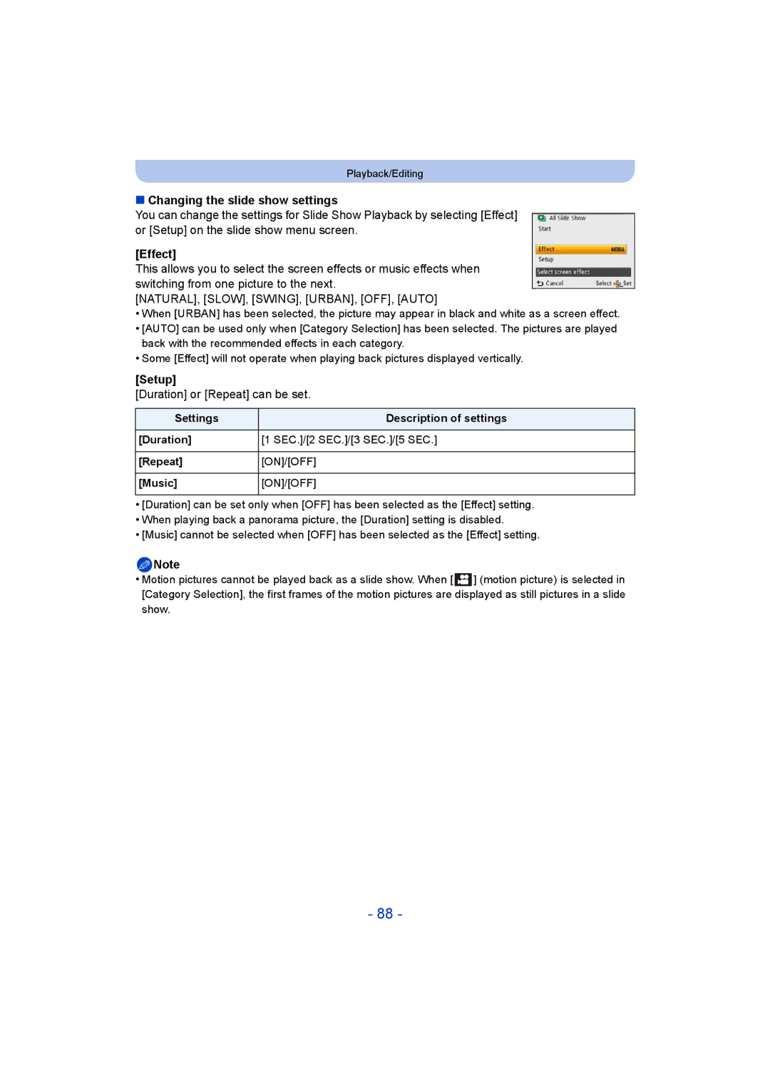 Panasonic DMC-SZ5 manual Changing the slide show settings, Effect, Duration or Repeat can be set 