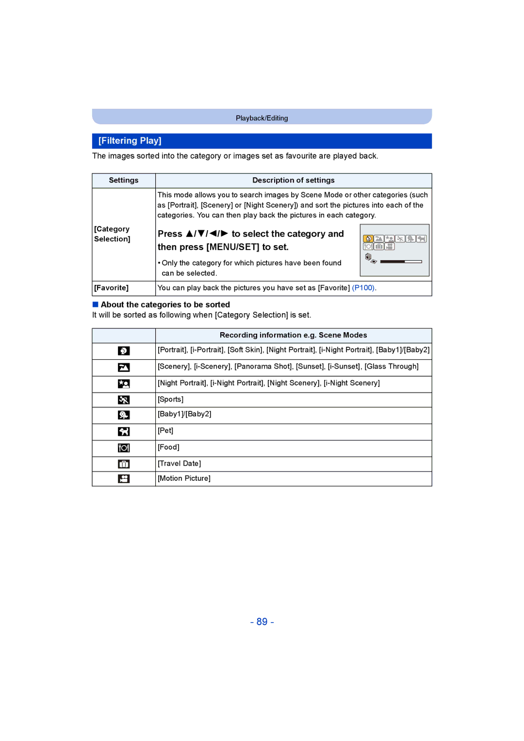 Panasonic DMC-SZ5 manual Filtering Play, Press 3/4/2/1 to select the category, Then press MENU/SET to set 