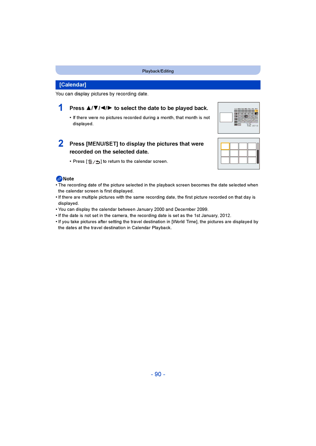 Panasonic DMC-SZ5 Calendar, Press 3/4/2/1 to select the date to be played back, You can display pictures by recording date 