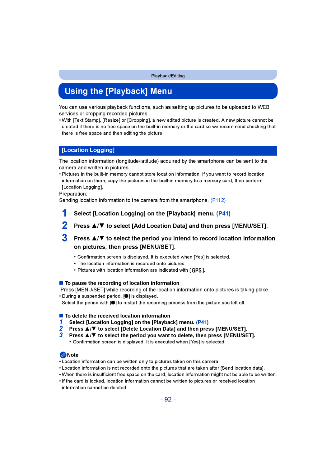 Panasonic DMC-SZ5 manual Using the Playback Menu, Location Logging, To pause the recording of location information 