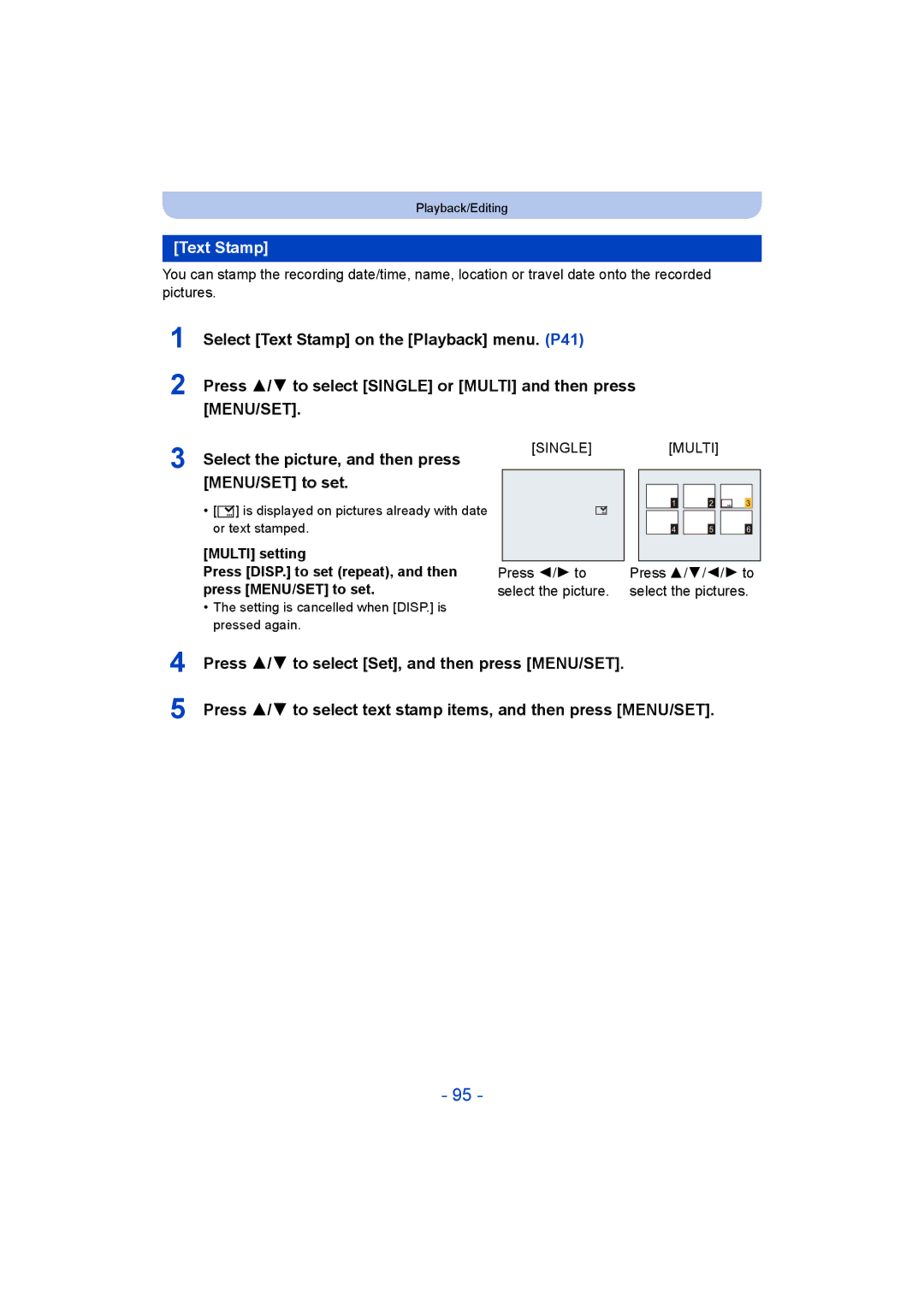 Panasonic DMC-SZ5 manual Text Stamp, Press 3/4/2/1 to select the pictures 