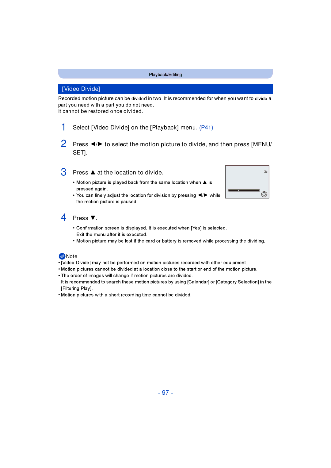 Panasonic DMC-SZ5 manual Video Divide, Press 3 at the location to divide, It cannot be restored once divided 