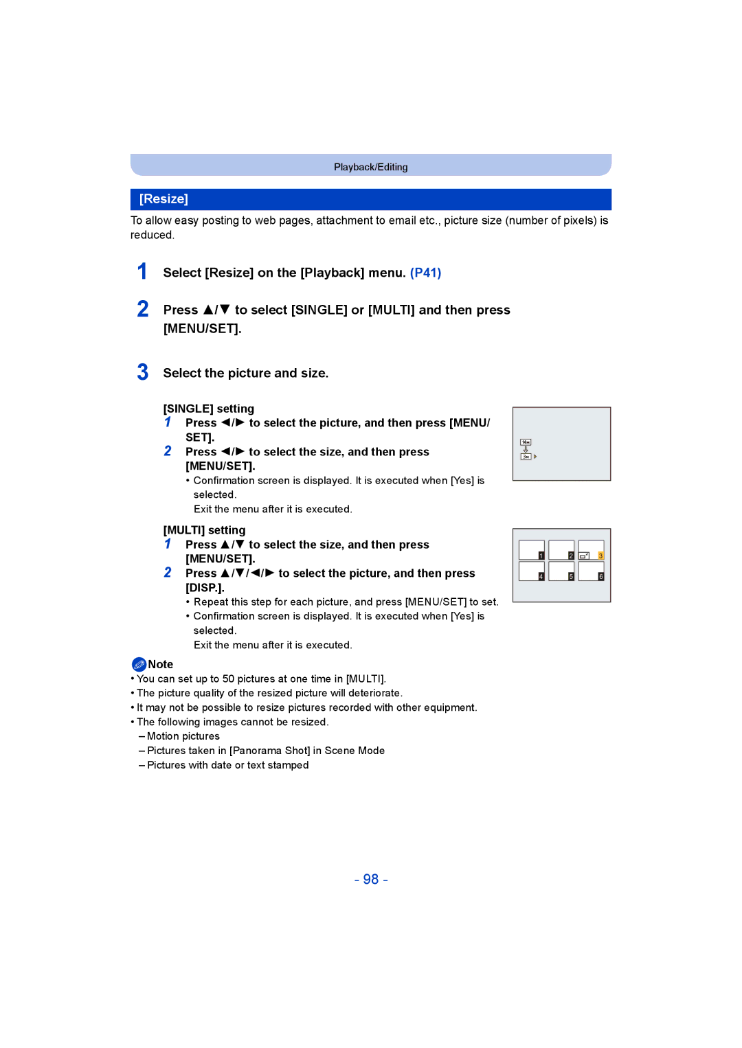 Panasonic DMC-SZ5 manual Select Resize on the Playback menu. P41, Press 3/ 4 to select Single or Multi and then press 