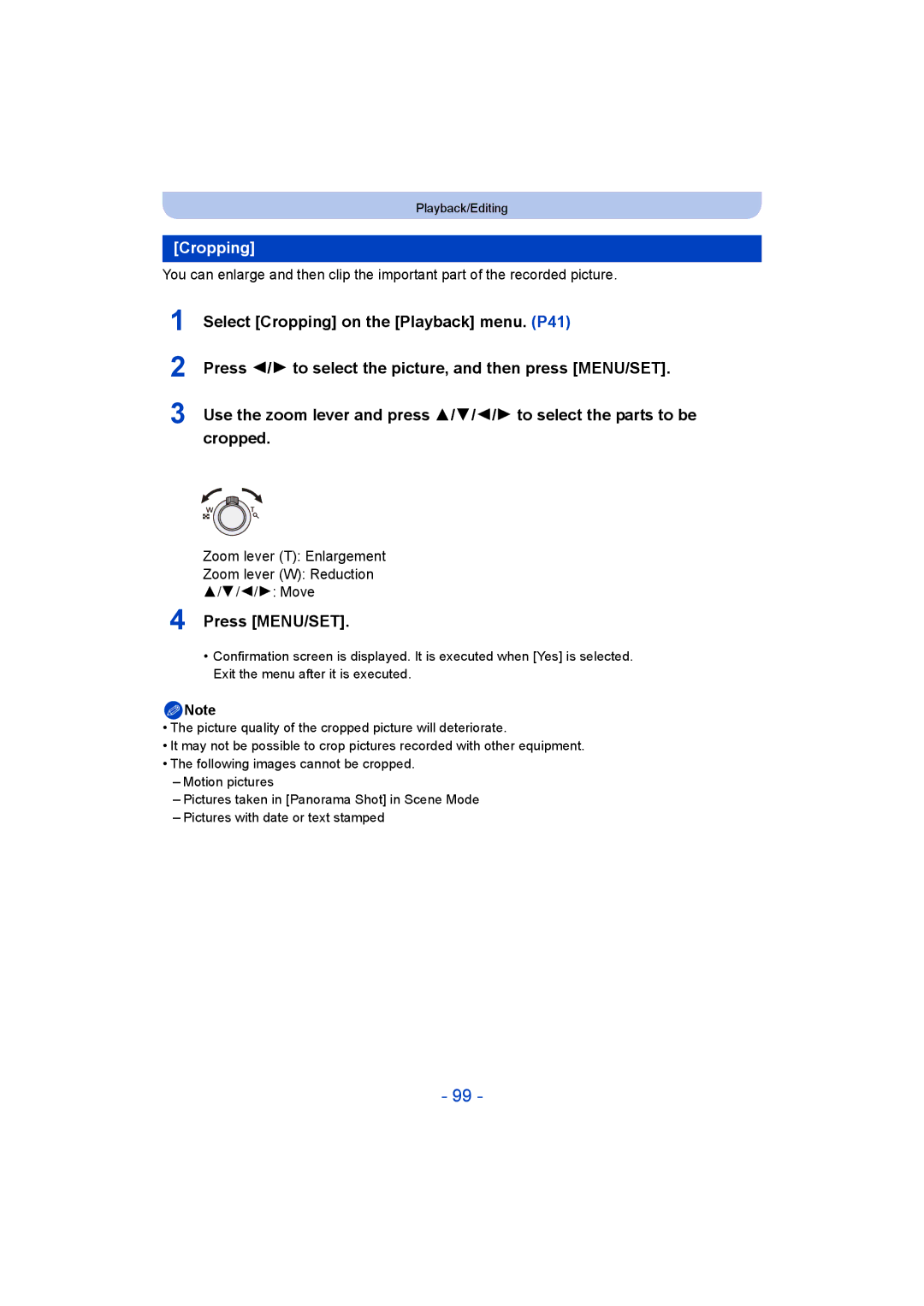 Panasonic DMC-SZ5 manual Cropping, Zoom lever T Enlargement Zoom lever W Reduction 2/1 Move 