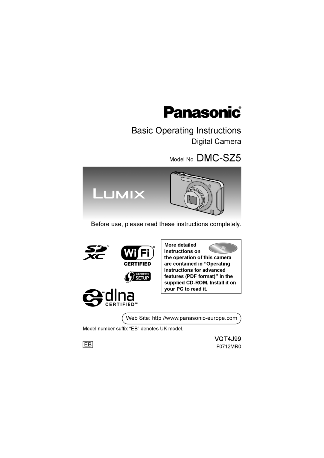 Panasonic DMC-SZ5 manual Operating Instructions for advanced features, F0712TC0 