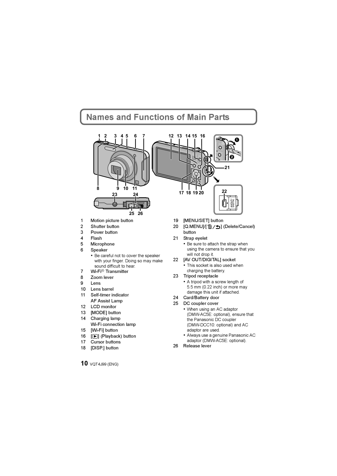 Panasonic DMC-SZ5 operating instructions Names and Functions of Main Parts, 12 13 14 15 17 18 19 