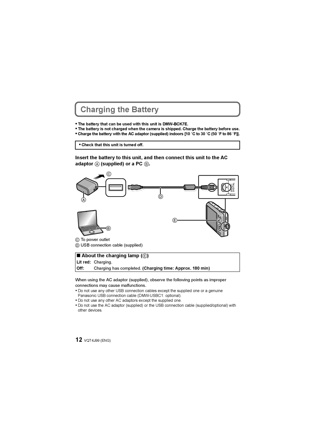 Panasonic DMC-SZ5 Charging the Battery, About the charging lamp E, Battery that can be used with this unit is DMW-BCK7E 