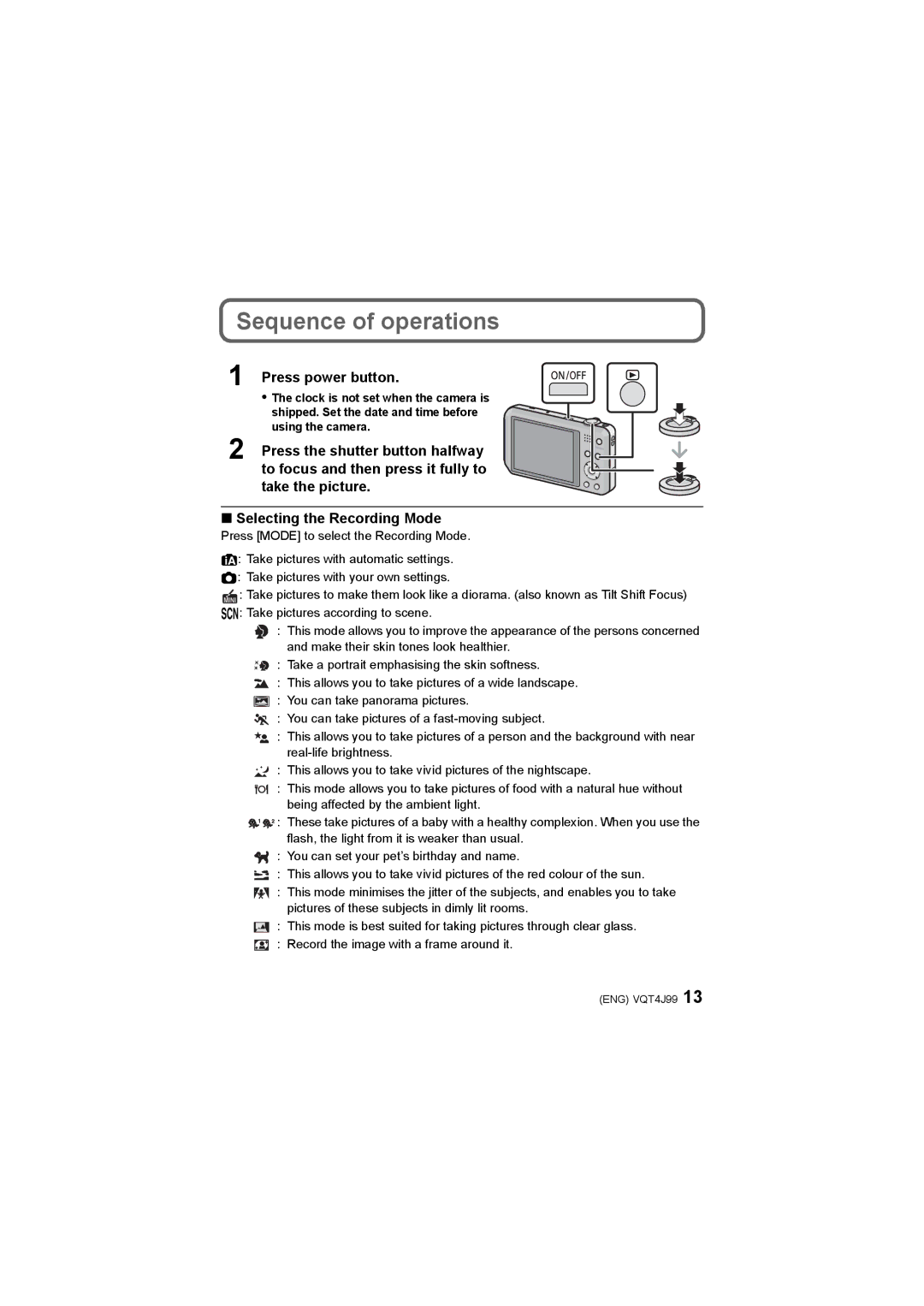 Panasonic DMC-SZ5 operating instructions Sequence of operations, Press power button, Selecting the Recording Mode 