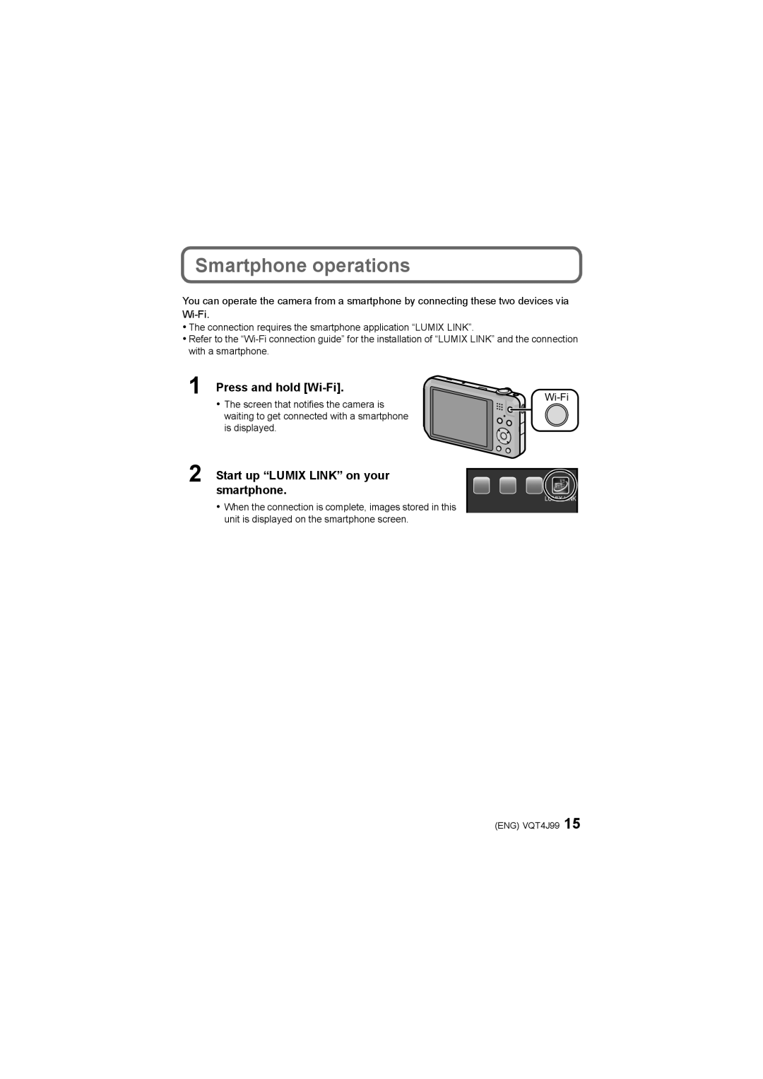 Panasonic DMC-SZ5 Smartphone operations, Press and hold Wi-Fi, Start up Lumix Link on your Smartphone 