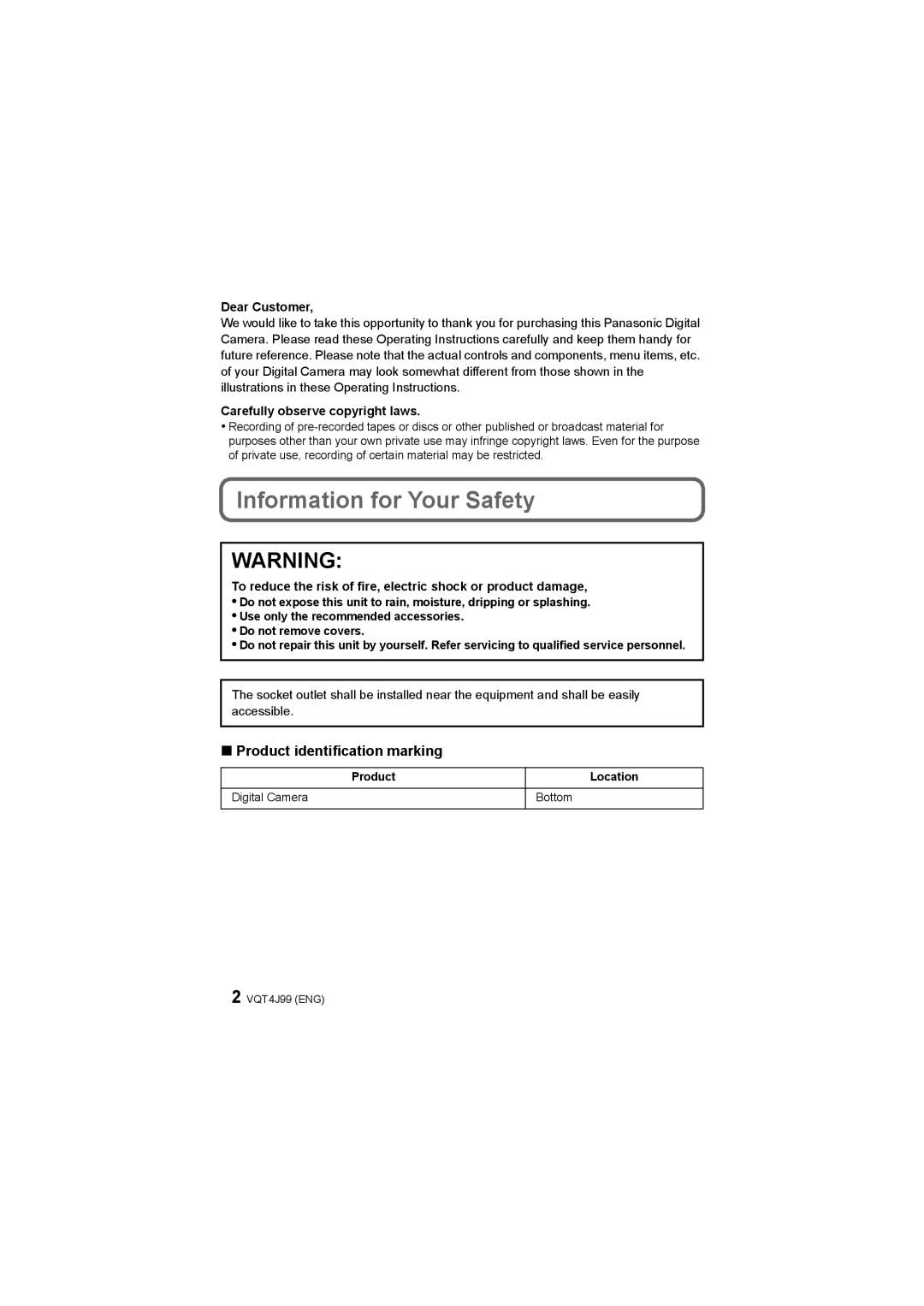 Panasonic DMC-SZ5 operating instructions Information for Your Safety, Product identification marking, Dear Customer 