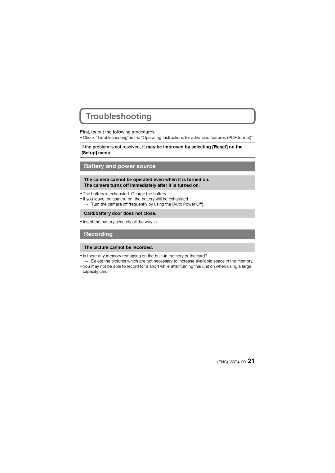 Panasonic DMC-SZ5 operating instructions Troubleshooting, Card/battery door does not close, Picture cannot be recorded 