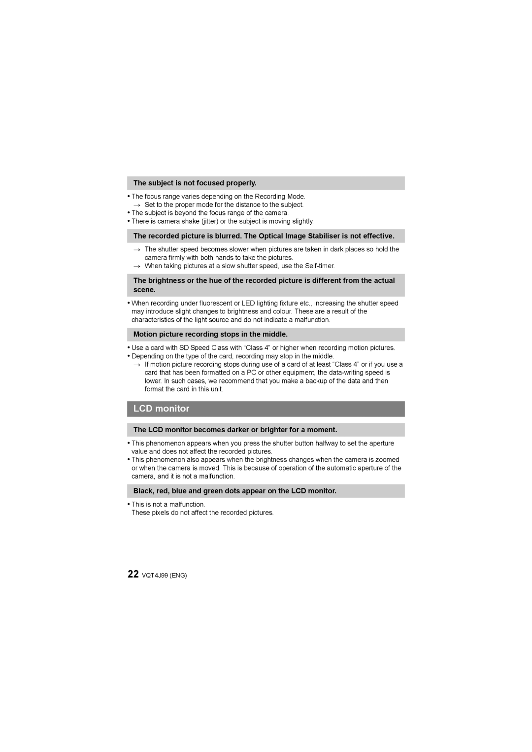 Panasonic DMC-SZ5 operating instructions Subject is not focused properly, Motion picture recording stops in the middle 