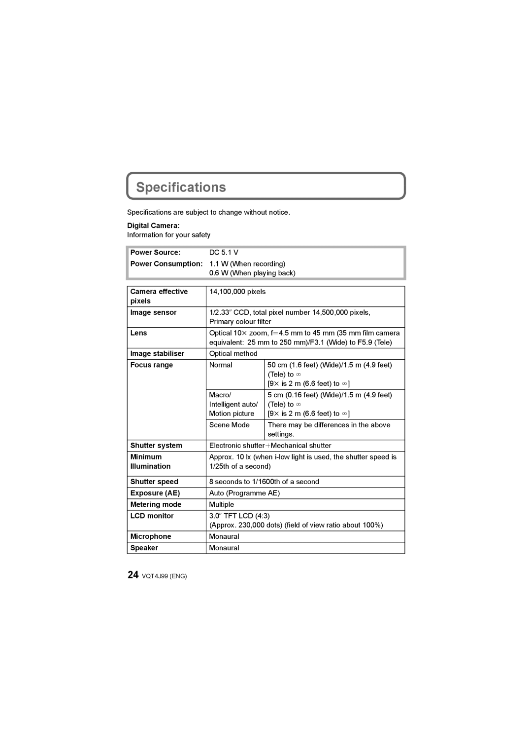 Panasonic DMC-SZ5 operating instructions Specifications 