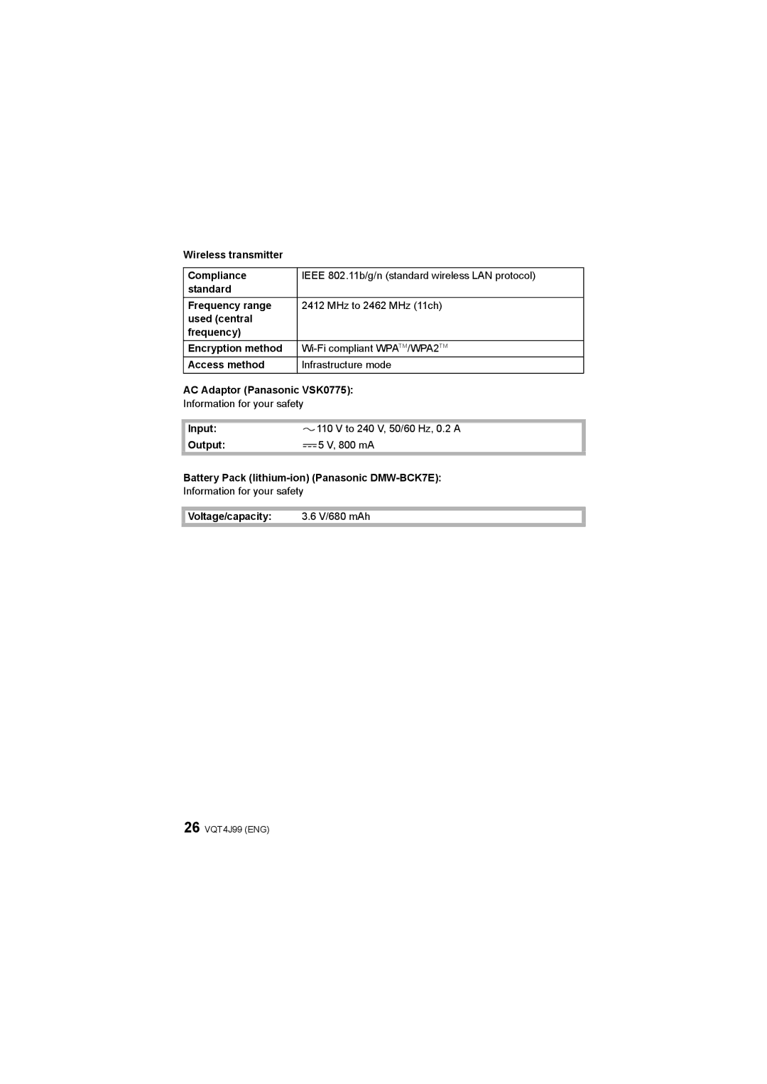 Panasonic DMC-SZ5 operating instructions 26 VQT4J99 ENG 