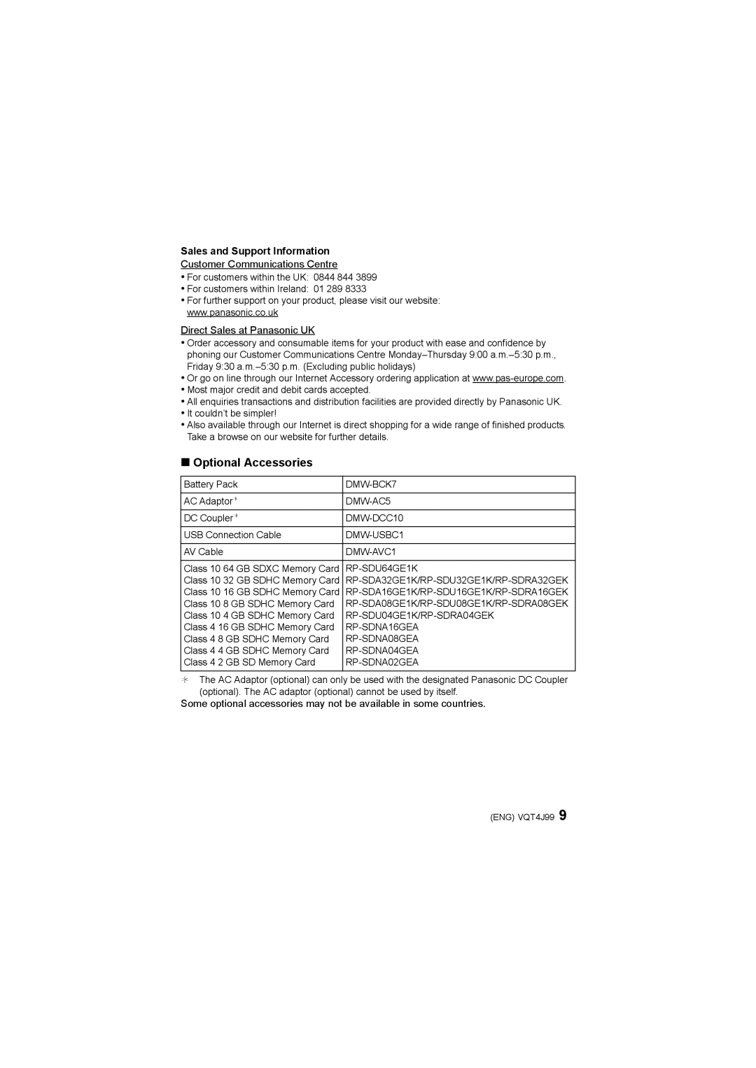 Panasonic DMC-SZ5 operating instructions Optional Accessories, Sales and Support Information 