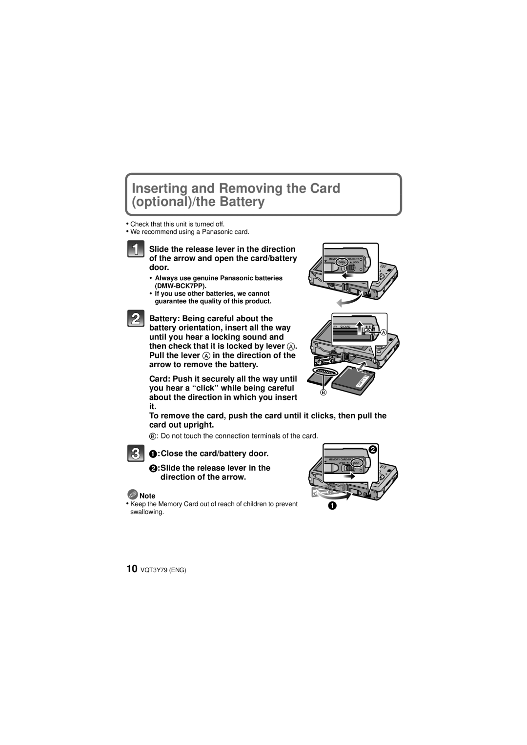 Panasonic DMC-SZ7 Inserting and Removing the Card optional/the Battery, Always use genuine Panasonic batteries DMW-BCK7PP 