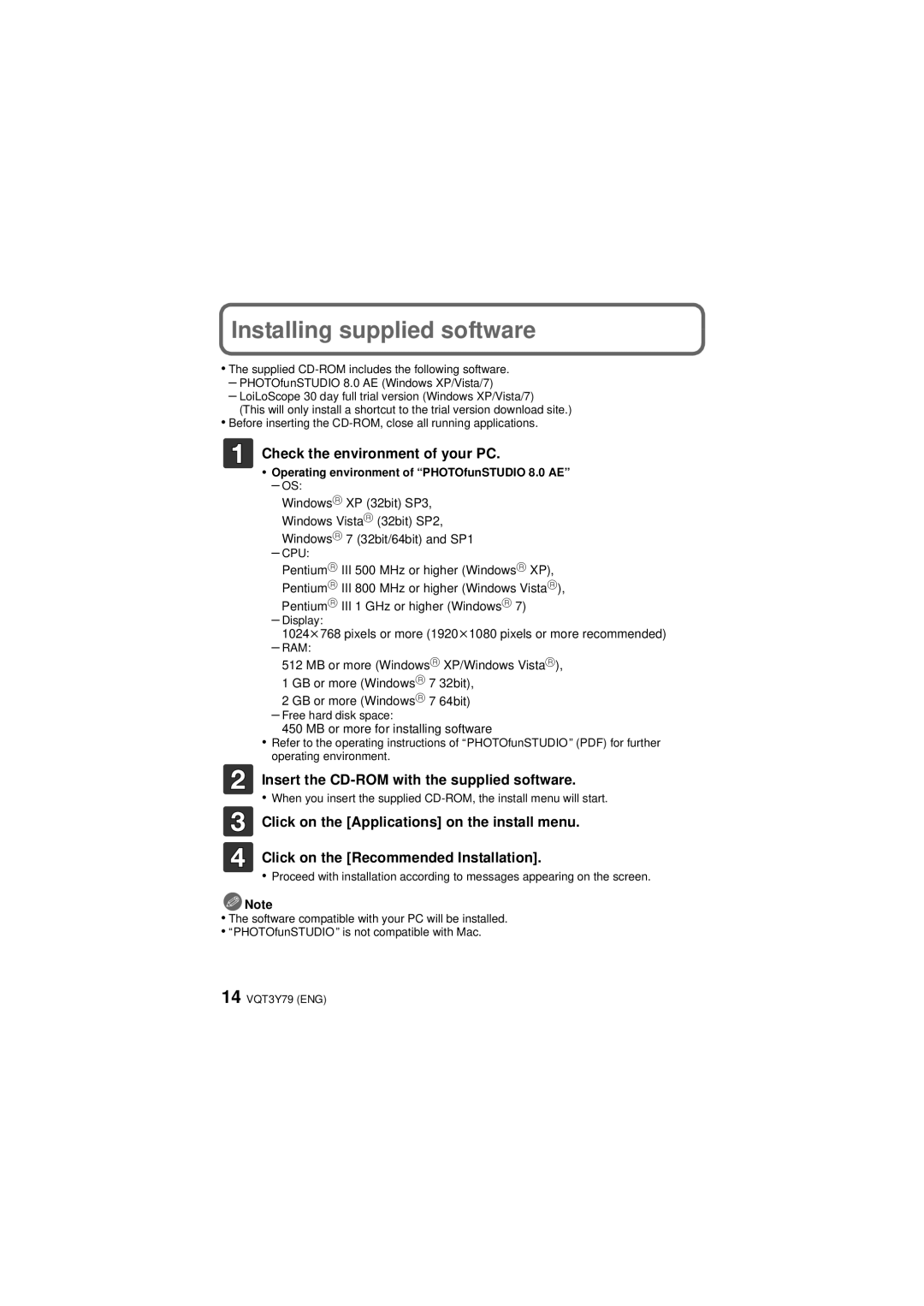 Panasonic DMC-SZ7, DMCSZ7K owner manual Installing supplied software, Check the environment of your PC 