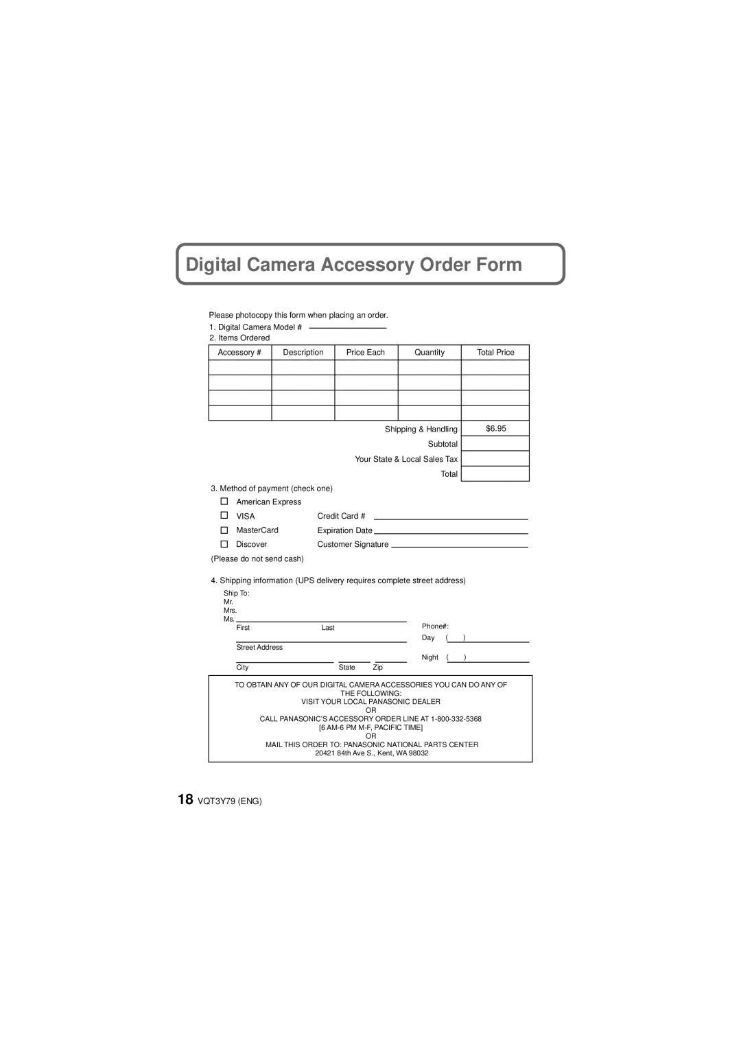 Panasonic DMC-SZ7, DMCSZ7K owner manual Digital Camera Accessory Order Form, Visa 