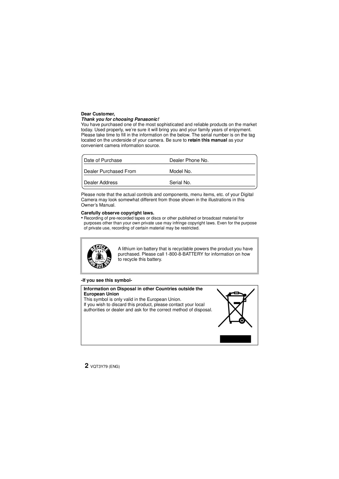 Panasonic DMC-SZ7, DMCSZ7K owner manual Dear Customer, Carefully observe copyright laws 