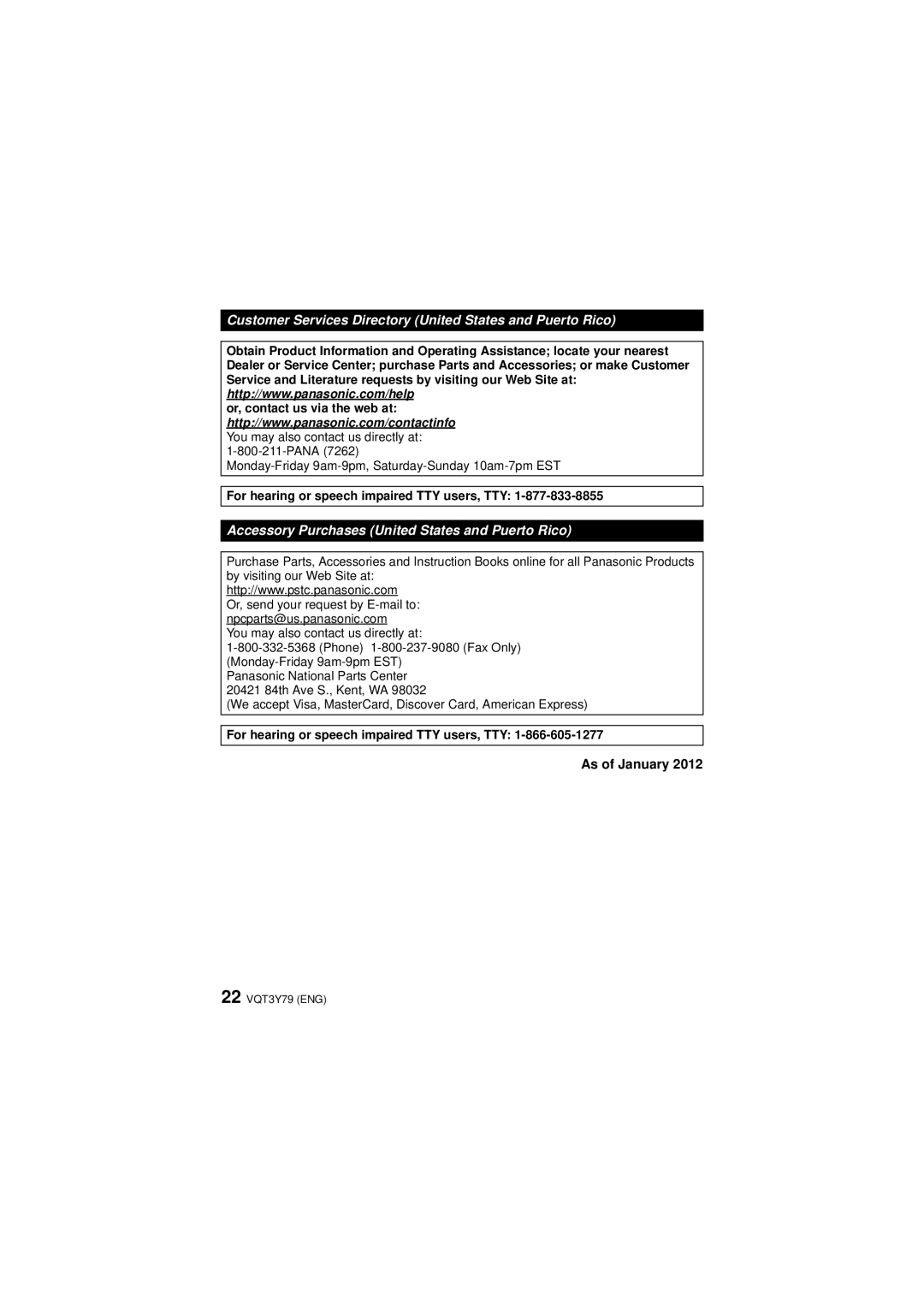 Panasonic DMC-SZ7 Customer Services Directory United States and Puerto Rico, For hearing or speech impaired TTY users, TTY 