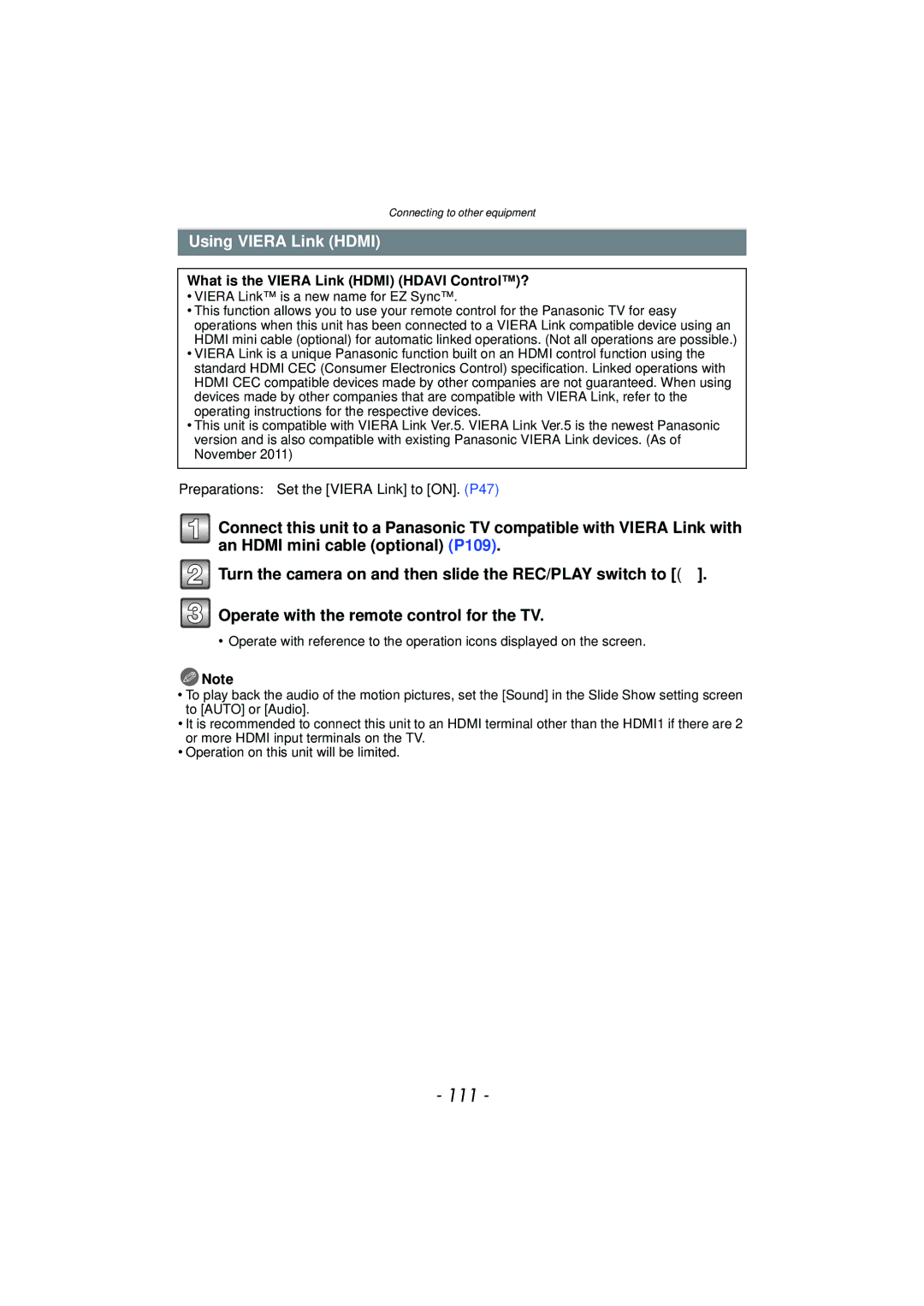 Panasonic DMC-SZ7 owner manual 111, Using Viera Link Hdmi, What is the Viera Link Hdmi Hdavi Control? 