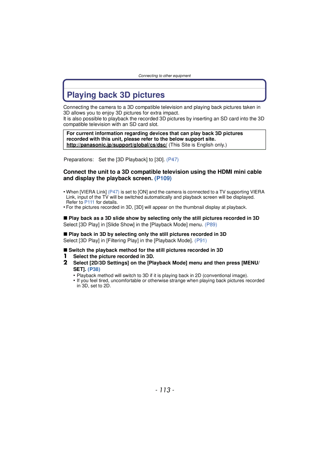 Panasonic DMC-SZ7 owner manual Playing back 3D pictures, 113, Preparations Set the 3D Playback to 3D. P47 